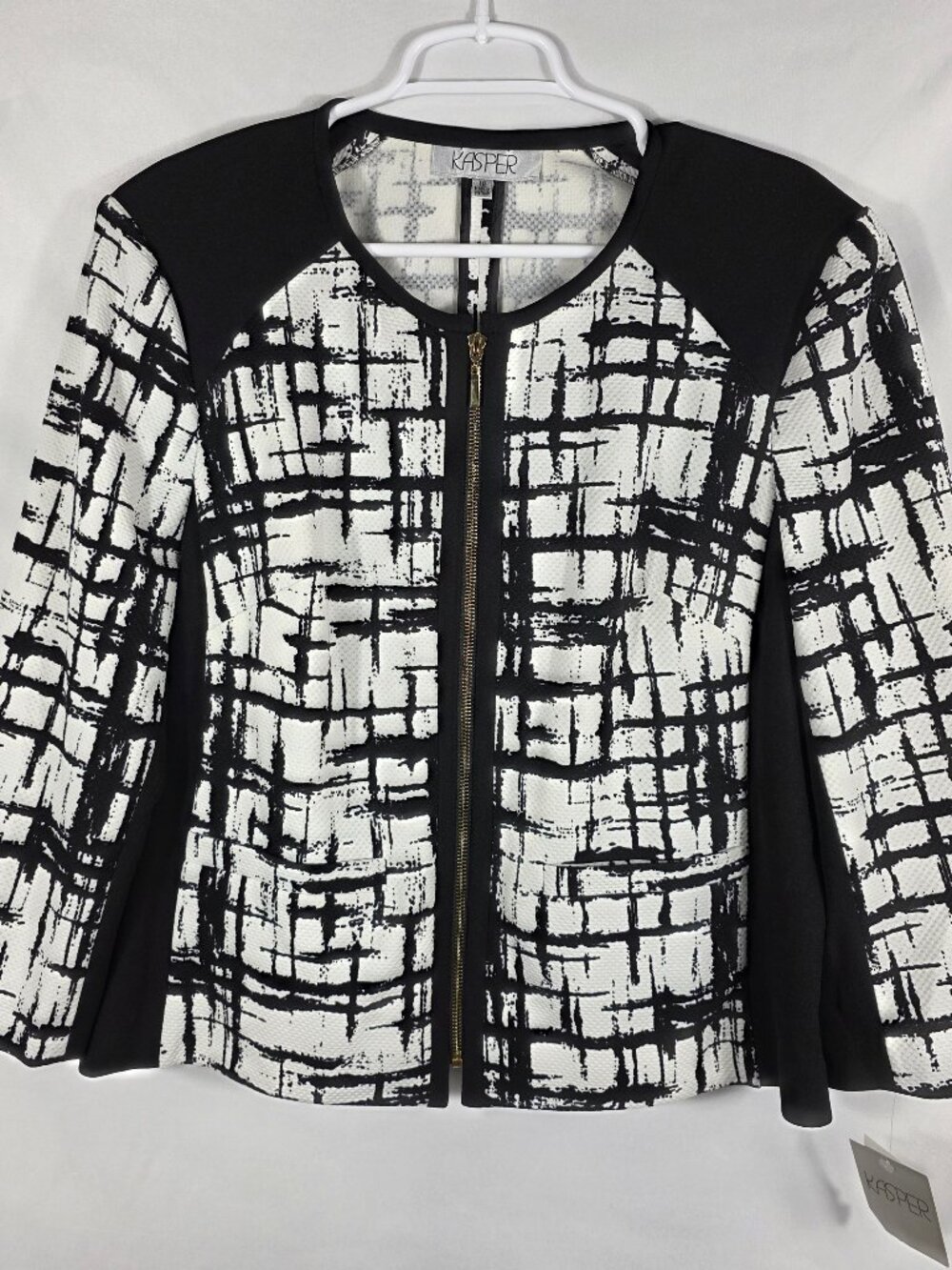 Kasper Blazer Jacket Women's Size 18 Black & White Abstract Zip Front NEW